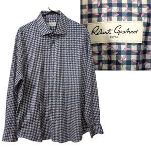 Robert Graham Men's 17.5 Button-Down Shirt Blue Gingham Check with Pink Floral